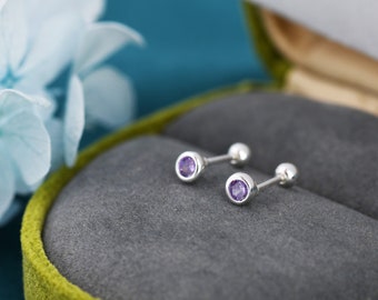 Tiny Amethyst Purple CZ Barbell Earrings in Sterling Silver,  3mm CZ Screw Back Dot Earrings, Screwback Earrings, February Birthstone