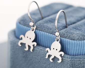 Octopus Drop Hook Earrings in Sterling Silver, Octopus Dangle Earrings, Fish Earrings, Ocean Nautical Earrings