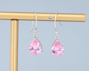 Tourmaline Pink Pear Cut CZ Drop Earrings in Sterling Silver, Silver or Gold, Pink Droplet Dangle Earrings