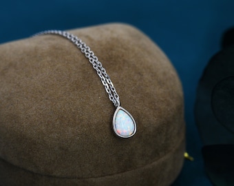 Droplet White Opal Pendant Necklace in Sterling Silver, Lab Opal Necklace,  Pear Shape Opal Necklace, Fire Opal Necklace