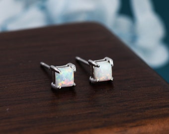 White Opal Square Stud Earrings in Sterling Silver - Gold or Silver - Opal Cube Earrings - Petite Stud Earrings, Fire Opal, Square Shape