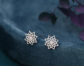 Mandala Flower Stud Earrings in Sterling Silver, Silver or Gold, Mandala Earrings, Geometric