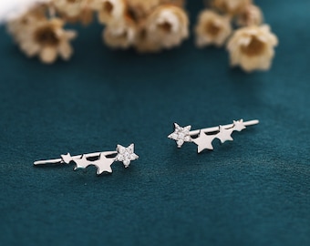 CZ Pave Star Crawler Earrings in Sterling Silver, Silver or Gold, Four Star Earrings, Ear Climbers, Celestial Earrings