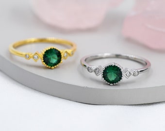 Anello Smeraldo in Argento Sterling, Argento o Oro, Anello CZ Verde Smeraldo, Design Vintage Ispirato US 5 - 8