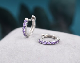 Amethyst Purple CZ Huggie Hoops in Sterling Silver, Silver or Gold, Minimalist Hoop Earrings, 8mm Hoops, Purple Hoops, February Birthstone