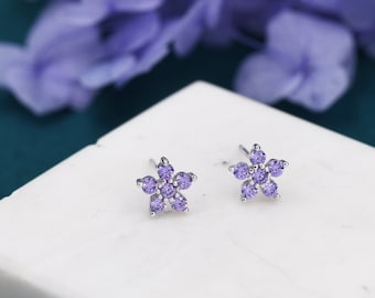 Pair Amethyst Purple CZ Flower Stud Earrings in Sterling Silver, Silver or Gold, Crystal Flower Earrings, Stacking Earrings