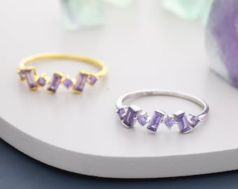 Anillo de racimo de circonitas cúbicas con amatista morada y talla baguette en plata de ley, plata u oro, anillo de talla baguette, anillo de racimo, forma orgánica, tallas 5 a 8 de EE. UU.