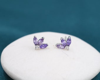 Sterling Silver Amethyst Purple CZ Marquise Cluster Stud Earrings,  Gold or Silver, Marquise Fan Stud, CZ Crown Stud, Three Marquise Stud