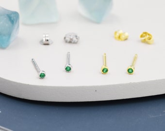 Extra Tiny 2mm Emerald Green CZ Stud Earrings in Sterling Silver, Barely Visible CZ Earrings, Stacking Earrings, Extra Small Stud Earrings