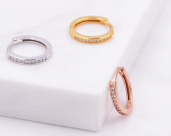 Minimalist Huggie Hoop Earrings in Sterling Silver with Sparkling CZ Crystals, Silver, Rose Gold or Gold, Skinny Hoop Earrings