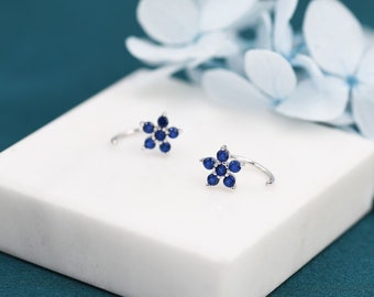 Sapphire Blue CZ Flower Huggie Hoop Earrings in Sterling Silver,  Gold or Silver, CZ Flower Threader Hoop Earrings, Pull Through, C Shape