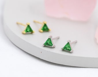 Emerald Green CZ Triangle Stud Earrings in Sterling Silver, Silver or Gold, Dainty Earrings,  Stacking Earrings, CZ Crystal Stud