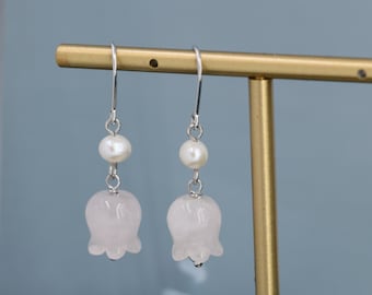 Carved Jade Lily of the valley Earrings in Sterling Silver with Natural Freshwater Pearls, Genuine Jade Flower Dangle Earrings,