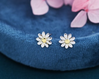 Aretes de flor de margarita pequeña en plata de ley - Lindos aretes de flor de flor - Divertidos, caprichosos