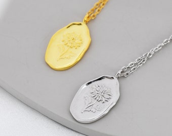 Chrysanthemum Flower Oval Pendant Necklace in Sterling Silver, Silver or Gold, November Birth Flower,  Nature Inspired Flower Necklace