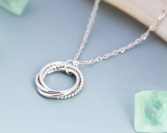 Sterling Silver Four Interlocking Circles Pendant Necklace with Dotted Details, Four Entwined Rings for 40s, 40th Infinity Necklace