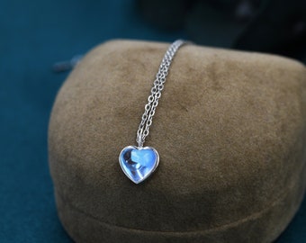Heart Moonstone Pendant Necklace in Sterling Silver, Moonstone Necklace,  Heart Shape Moonstone Necklace, Aurora Crystal, AB Crystal