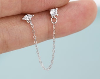 Sterling Silver Chained Earrings for Multiple Piercings, Silver or Gold, Marquise and Diamond Cut CZ Earrings, Asymmetric Stacking Earrings