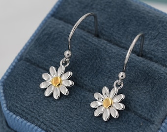 Little Daisy Flower Drop Hook Earrings in Sterling Silver - Cute Flower Blossom Earrings  -   Fun, Whimsical