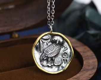 Sterling Silver Greek Coin Pendant Necklace - Owl Coin Necklace , Owl of Athena Coin Necklace in Antique Silver, Ancient Greek Coin Inspired