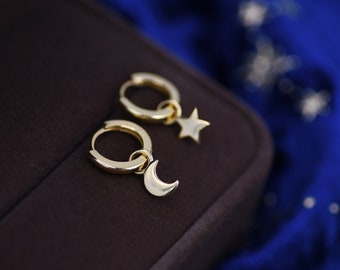 Mismatched Moon and Star Charm Huggie Hoop Earrings, Detachable Charm Hoops, Celestial Earrings, Silver, Gold and Rose Gold