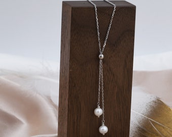 Collier Lariat perlé véritable en argent sterling, argent ou or, forme en Y, collier slider, perles d’eau douce authentiques, collier de perles