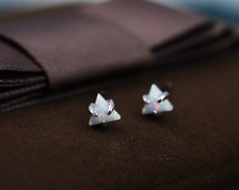 Tiny Opal Triangle Stud Earrings in Sterling Silver, Triangle Opal Earrings with Prong Set