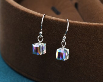 Aurora Borealis Cube Drop Hook Earrings in Sterling Silver, AB CZ Cube Earrings, Aurora Colour Changing Square Earrings