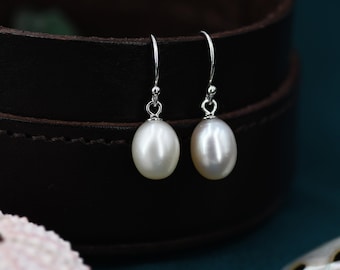 Natural Freshwater Pearl Huggie Drop Hook Earrings in Sterling Silver, Oval Pearl Earrings