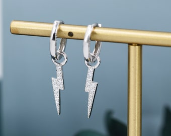 Lightning Bolt Charm Huggie Hoop Earrings in Sterling Silver with Detachable Charms, Silver, Gold or Rose Gold Lightening Earrings