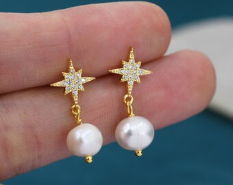 Starburst Star With Baroque Pearl Drop Earrings in Sterling