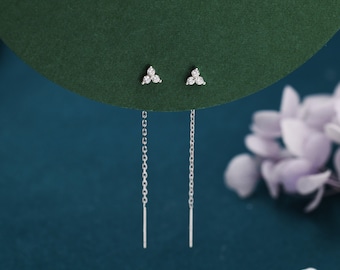 CZ Trio Flower Threader Earrings in Sterling Silver, Silver or Gold, Three Dot Crystal Ear Threaders, Flower CZ Earrings