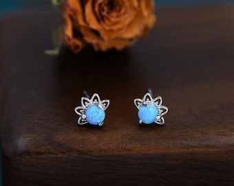 Sterling Silver Blue Opal Crown Stud Earrings, Silver and Gold, Prong Set, Opal Earrings, Lab Opal Lotus Earrings, Minimalist