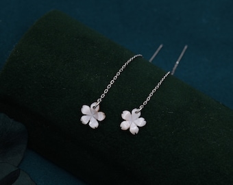 Cherry Blossom Mother of Pearl Threader Earrings in Sterling Silver, Pale Pink Apple Blossom Flower Ear Threaders - Dainty and Pretty