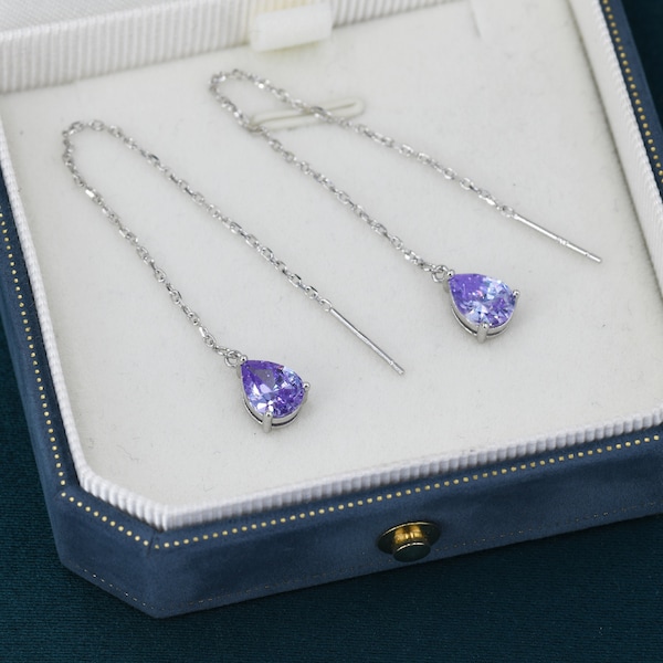 Alexandrite Purple Blue Droplet CZ Threader Earrings in Sterling Silver, Silver or Gold,  Pear Cut CZ Long Ear Threaders, Sparkly Threaders