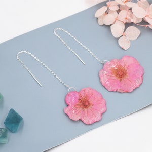 Real Cherry Blossom Flower Threader Earrings in Sterling Silver, Real Flower Ear Threaders, Resin Flower Jewellery Pink Sakura image 1