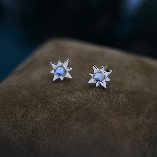 Orecchini Moonstone Starburst Stud in Sterling Silver, Orecchini North Star con Moonstone, Argento, Oro e Oro Rosa, Orecchini Sunburst