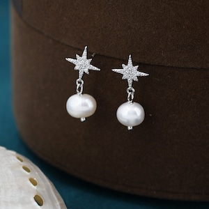 Starburst Star with Dangling Baroque Pearl Drop Earrings in Sterling Silver, Silver or Gold, Keshi Pearl Earrings,
