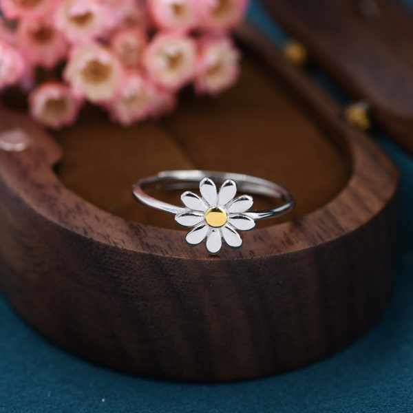 Bague en marguerite en argent sterling, taille réglable, bague en fleur de marguerite, délicate et délicate