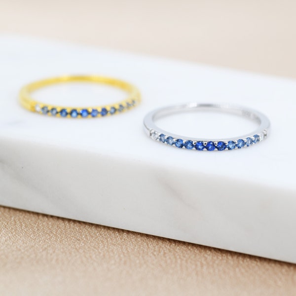Saphir Blau Ombre Halb Eternity Ring in Sterling Silber, Silber oder Gold, Blauer Saphir CZ Skinny Ring, Minimalist Stapelring US 5 - 8
