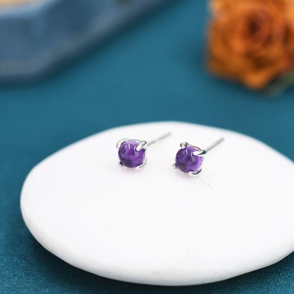 Genuine Amethyst Stud Earrings in Sterling Silver, 4mm Amethyst Crystal Earrings, Natural Purple Amethyst Earrings, Four Prong