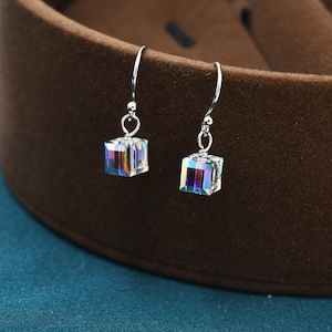 Aurora Borealis Cube Drop Hook Earrings in Sterling Silver, AB CZ Cube Earrings, Aurora Colour Changing Square Earrings