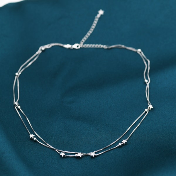 Bracelet à breloques, chaîne de cheville ou collier petites étoiles scintillantes en argent sterling - Ajustable - Bijoux doux, mignons et fantaisistes