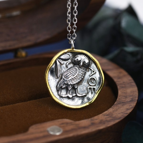 Sterling Silver Greek Coin Pendant Necklace - Owl Coin Necklace , Owl of Athena Coin Necklace in Antique Silver, Ancient Greek Coin Inspired