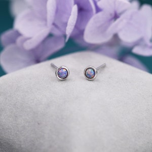 Sterling Silver Tiny Purple Opal Stud Earrings, Tiny Opal Earrings, Purple Opal, Lab Opal Stud, 3mm Opal Earrings