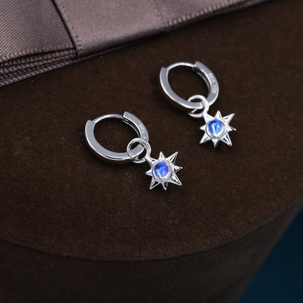 Moonstone Starburst Huggie Hoop Earrings in Sterling Silver, Simulated Moonstone North Star Detachable Drop Earrings, Delicate Star Earrings