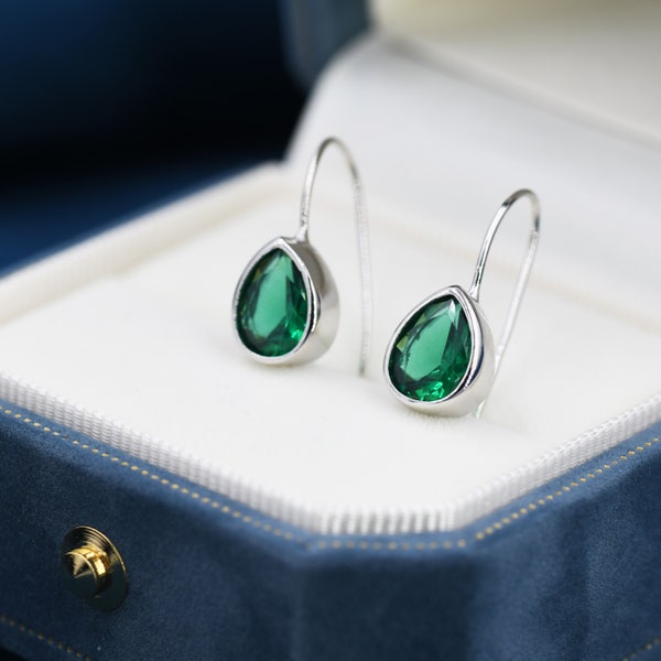 Sterling Silver Emerald Green Droplet Drop Earrings in Sterling Silver, Silver or Gold, Chunky Pear Shape Hook Earrings