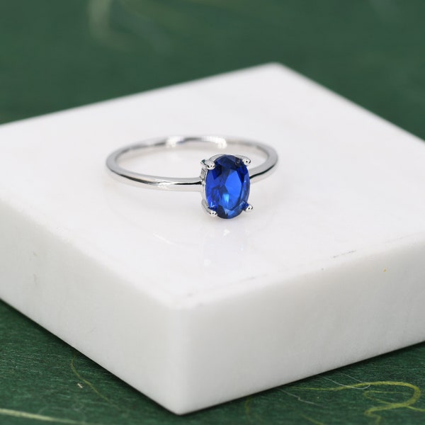 1 Carat Sapphire Blue CZ Oval Ring in Sterling Silver, 6.5mm Blue Zircon Ring, US Size 5-8,  September Birthstone