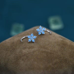 Blue Forget-me-not Flower CZ Huggie Hoop Earrings in Sterling Silver, Curved Post Earrings, Open Hoops,  Pull-Through Threader Earrings,