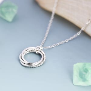 Sterling Silver Four Interlocking Circles Pendant Necklace with Dotted Details, Four Entwined Rings for 40s, 40th Infinity Necklace